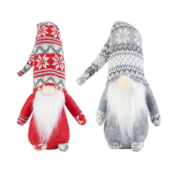 Pair of Christmas gnome plush ornaments, red and grey striped hats with white beards.