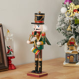 Christmas nutcracker soldier figurine with white beard, tall black hat, red and green uniform