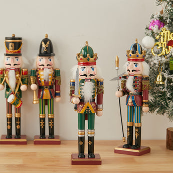 Christmas nutcracker soldier figurines set of four, standing with varied crowns and outfits