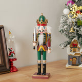 Christmas nutcracker soldier figurine with white beard, green crown, red and gold jacket, holding baton