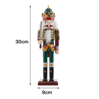 Christmas nutcracker soldier figurine, 30cm tall; base 9cm wide; green crown and red coat