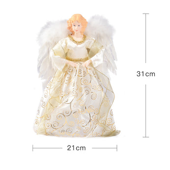Cream angel tree topper with feather wings, 21 cm wide x 31 cm tall