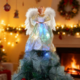 Christmas angel tree topper in white dress with blue LED glow and white feather wings