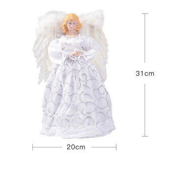 White angel tree topper with feather wings, 20 cm wide x 31 cm tall