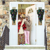 Teardrop Christmas swag with multicolor LED lights and ribbon accents