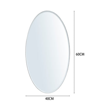Oval frameless wall mirror size: 60cm height, 40cm width