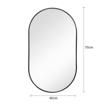 Black oval wall mirror with rounded top and bottom frame, smooth reflective glass.