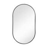 Black oval metal wall mirror with slim frame and reflective glass panel