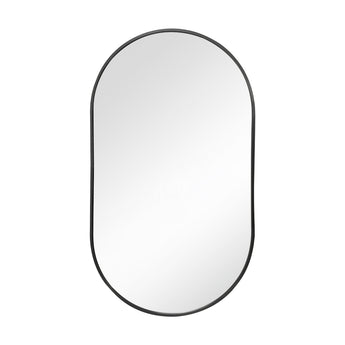 Black oval metal wall mirror with slim frame and reflective glass panel