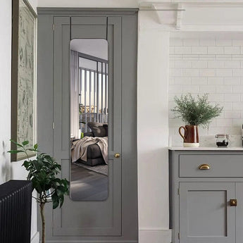 Door-hanging full length mirror with rounded edges and dark frame