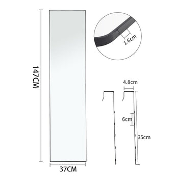 Over-door mirror dimensions: 147cm tall, 37cm wide; frame thickness 1.6cm