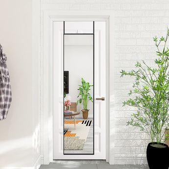 Full-length over-door mirror with black metal frame, vertical rectangular shape