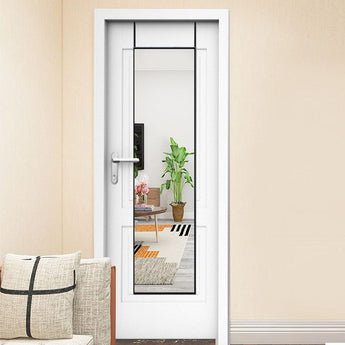Over-door full-length mirror with slim black metal frame on a white door