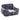 Dark gray dog car seat bed with paw logo patch and small dog curled in center