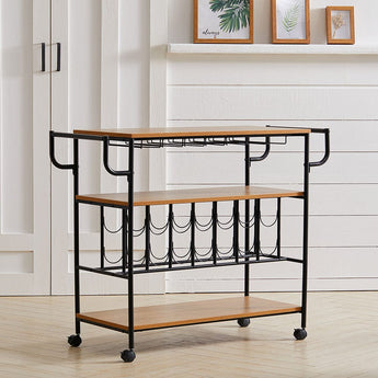 Metallic bar cart on wheels with three wood shelves and curved wine glass holder rack