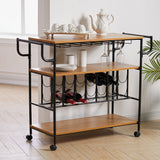 Rolling serving bar cart with two-tier wood shelves and wine rack with bottle slots