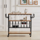 Metallic rolling bar cart with black frame, wood shelves, wine bottle and glass holders
