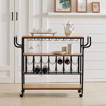 Metallic rolling bar cart with black frame, wood shelves, wine bottle and glass holders