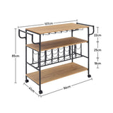 Metallic rolling bar cart dimensions: 107cm W x 85cm H x 41cm D; 3 shelves