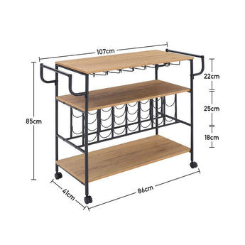 Metallic rolling bar cart dimensions: 107cm W x 85cm H x 41cm D; 3 shelves