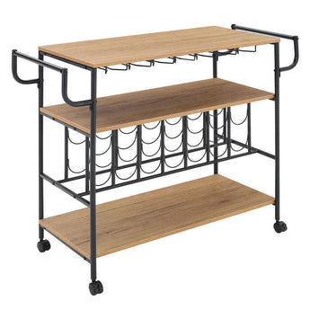 Wood-and-metal rolling serving cart, black frame, bottle storage and wine glass racks