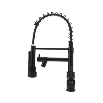 Stainless steel kitchen faucet, black finish with curved spring hose and side handles