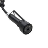 Black pull-down spray head with multi-hole face on stainless steel kitchen faucet
