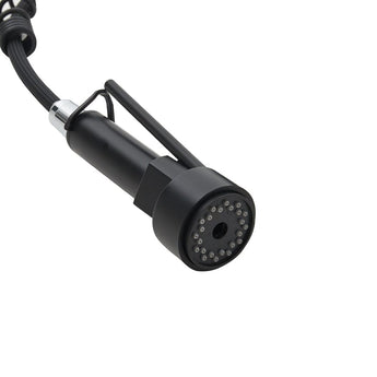Black pull-down spray head with multi-hole face on stainless steel kitchen faucet