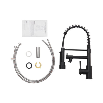 Black kitchen faucet kit: faucet body, hoses, fittings and instruction paper