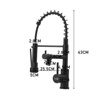 Black kitchen faucet with dimension labels; overall height shown as 43CM