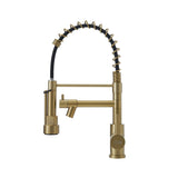 Brushed gold kitchen faucet with black flexible pull-down hose