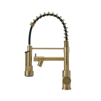 Brushed gold kitchen faucet with black flexible pull-down hose