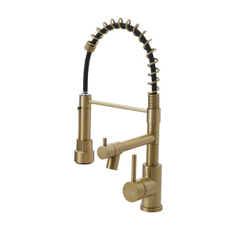 Brushed gold kitchen faucet, compact deck-mount with pull-down sprayer