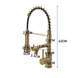 Brushed gold kitchen faucet with spring-coiled hose and height measurements