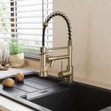 Kitchen faucet, brushed gold with black coiled hose and side spray handle