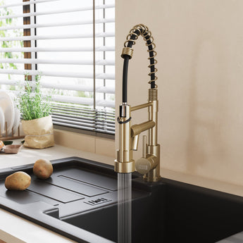 Stainless steel kitchen faucet, brushed gold with black flexible pull-down hose