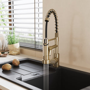 Stainless steel kitchen faucet, brushed gold with black flexible pull-down hose