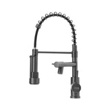 Stainless steel kitchen faucet in grey, spring hose and pull-down spray arm