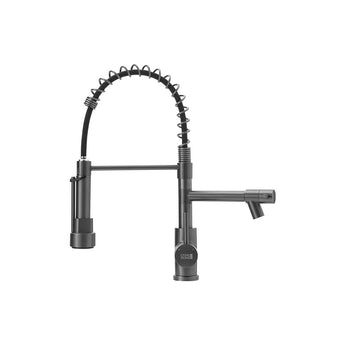 Grey kitchen faucet with pull-down spout, deck handles and side control module