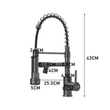 Grey kitchen faucet with dimension labels; overall height shown as 43CM