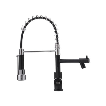 Stainless steel kitchen faucet in Chrome with black pull-down sprayer and arched hose