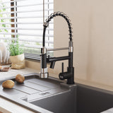 Stainless steel kitchen faucet in Gold with black sprayer hose and dual handles