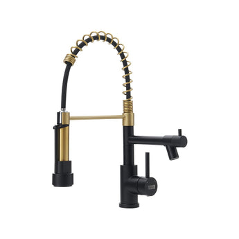 Gold kitchen faucet with black pull-down sprayer, arched spring hose, and lever controls
