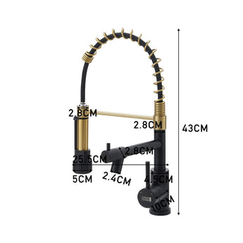Kitchen faucet dimensions diagram with gold and dark matte components