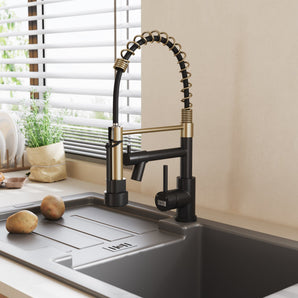 Stainless Steel Kitchen Faucet in Gold with black pull-down sprayer and deck handles
