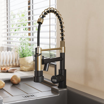 Kitchen faucet with pull-down sprayer, gold and dark matte finish