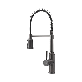 Grey spring spout single-handle kitchen faucet with flexible pull-down sprayer