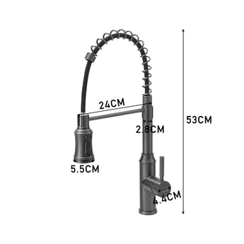 Grey spring spout kitchen faucet with size dimensions marked on image