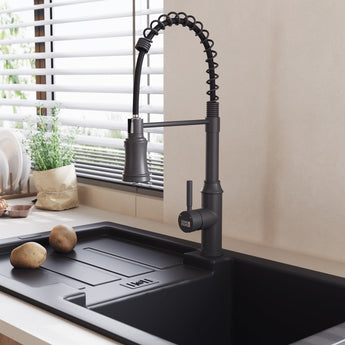 Single-handle kitchen faucet with spring spout, grey finish and pull-down hose