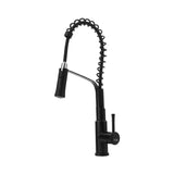 Black stainless steel kitchen tap with pull-down dual-spray head, coiled hose, and side lever